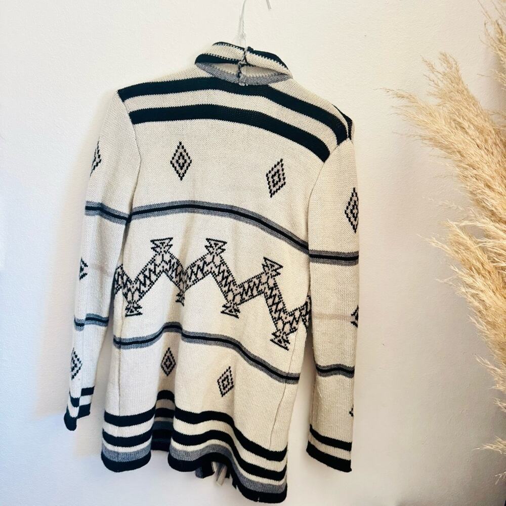 VINTAGE ANTHROPOLOGIE Cream Black Grey Print Stripe Knit Open Cardigan Sweater M - Picture 5 of 12